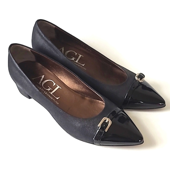 AGL Block Heel Pumps, Black Canvas & Patent Leather Shoes, Size 8 - Picture 2 of 13